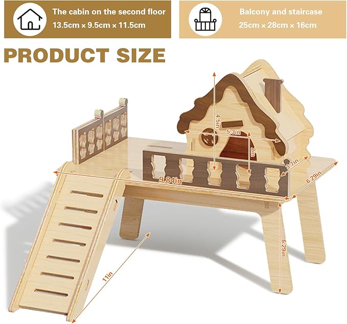 Wooden Hamster Platform and Dwarf Hamster House,Cute Syrian Hamster Tiny House Hideout,Large Balcony Lookout Holes,for Dwarf Gerbils and Mouse Mice Rat Other Small Animals(E)