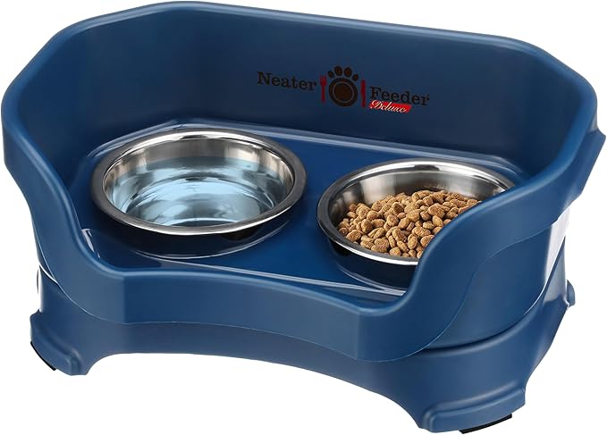 Neater Feeder Deluxe Mess Proof Cat Bowls Elevated for All Breeds – Made in USA – No Spill Raised Bowls for Indoor Cats – Stainless Steel Food and Water Bowl Set, Pet Dish Feeding Station, Dark Blue