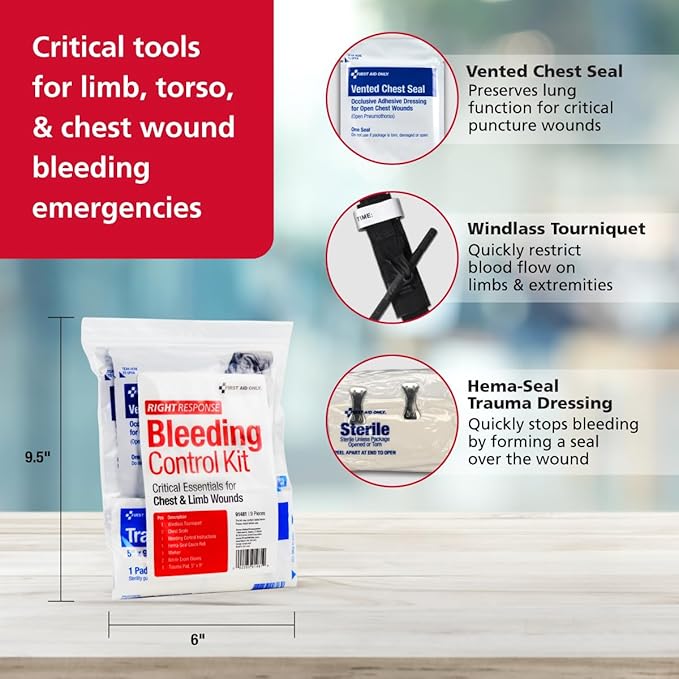 First Aid Only 91481 Critical Essentials Bleeding Control Kit for Chest & Limb Wounds, 9 Pieces