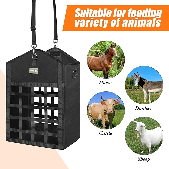 Hay Bags for Horses,Two-Sided Premium Oxford Slow Feed Hay Bags for Goats,Sheep,Donkey,Large Top Opening with Hook-and-Loop Seals,Easy to Hang with Adjustable Strap (Black, Large 2 Packs)