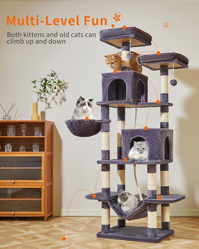 Taoqimiao Cat Tree, 71.7-Inch Cat Tower for Indoor Cats, Plush Multi-Level Cat Condo with 13 Scratching Posts, 2 Perches, 2 Caves, Hammock, 2 Pompoms,Smoky Gray MS013LG