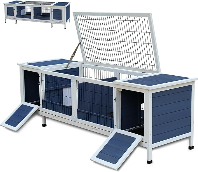 Rabbit Hutch Indoor Leakproof Bunny Cage Fir WoodenOutdoor Bunny House with Wire Floor Leakproof Plastic Tray (Blue)