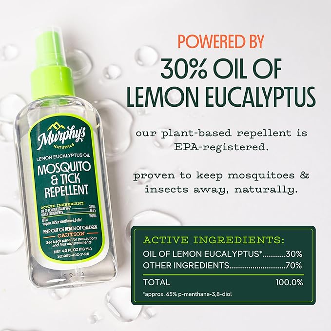 Murphy's Naturals Mosquito & Tick Bug Repellent Spray, Oil of Lemon Eucalyptus for Skin + Outdoor Gear, DEET-Free, 4 Ounce Pump, 2-Pack