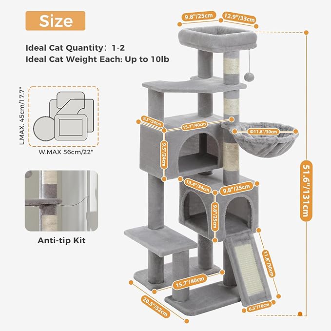 PAWZ Road Cat Tree, 51.6 Inches Cat Tower with Dual Condos, Spacious Perch, Cozy Basket and Sisal-Covered Scratching Posts for Indoor Cats- Gray