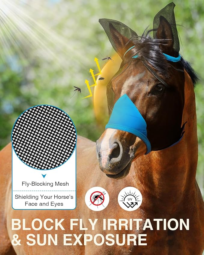 Hilltown Adjustable Fly Mask for Horse with Ears - UV-Block, Large Eye Space, Breathable, Built to Last, Comfort Fit - Horse Fly Mask for Daily Stable, Hot Weather Riding & Competition - Full, Blue