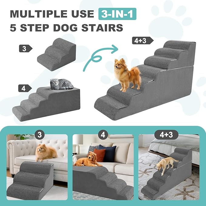5-Step Dog Stairs for High Bed - 21.3" Adjustable Dog Ramps for Couch, Non-Slip Sturdy Pet Steps for Small Dogs, Washable Cover, Removable Modular Design, Dual 11” & 12.83” Steps for Custom Height
