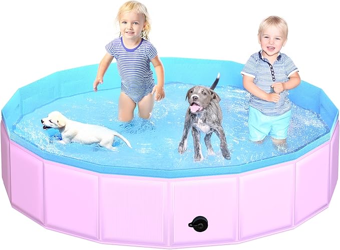 2025 Updated Foldable Dog Pool, 79" x 12" Kiddie Pool with Hard Plastic, Non-Slip Dog Bath Tub for Outdoor Backyard, Collapsible Dog Swimming Pool for Kids Dogs Pets (Pink)
