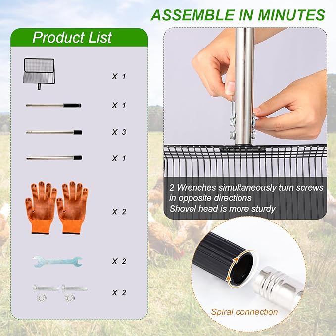 10inch Large Metal Chicken Poop Scooper, 36" to 75" Long Chicken Coop Litter Scoop with Stainless Steel Adjustable Handle, 4 in 1 Detachable Litter Sifting Shovel Scoop for Chicken Coop Accessories