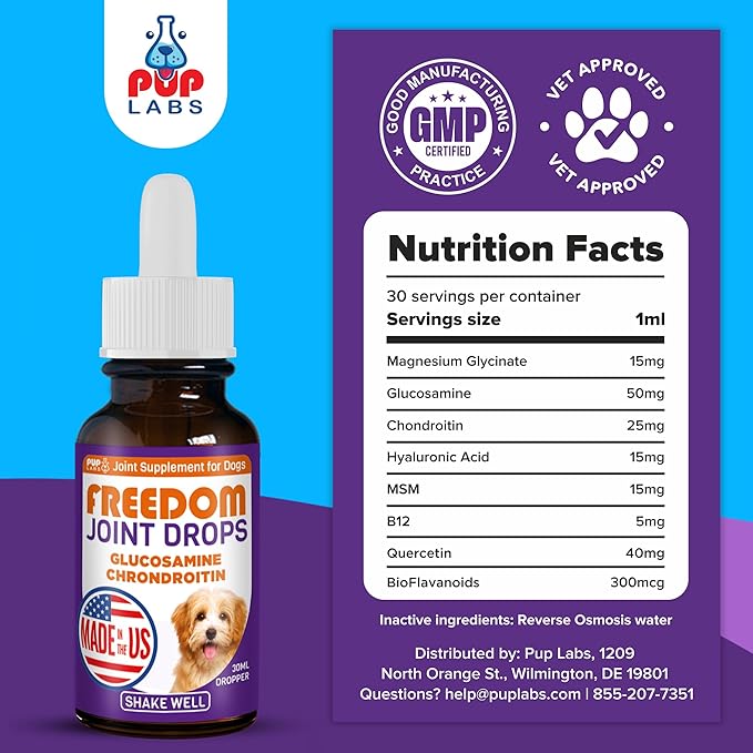 Freedom Joint Drops for Dogs with Hyaluronic Acid, MSM, Glucosamine, & Chondroitin, All Natural Liquid Joint Supplement for Dogs for Pain Relief, Mobility and Hip Support, 30 ml Dropper