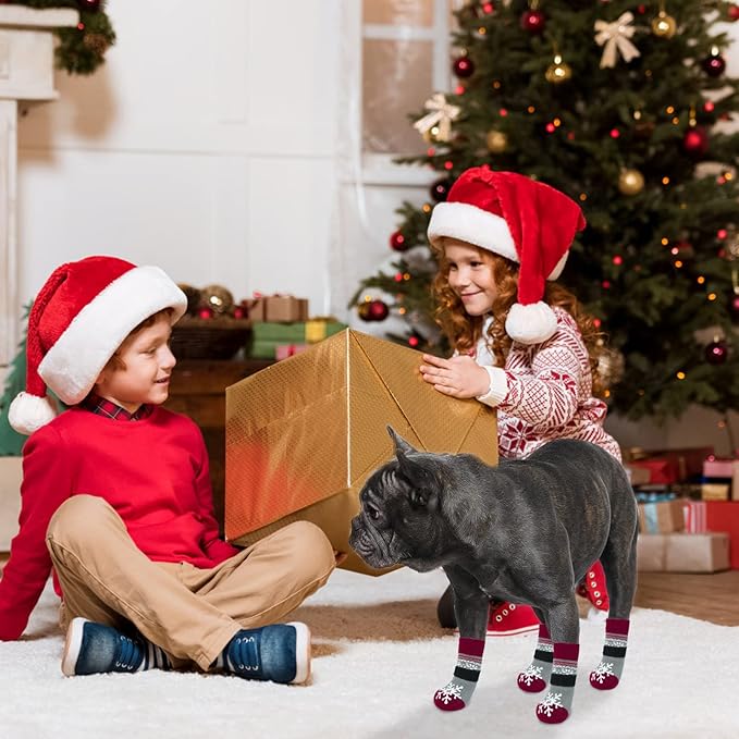 BEAUTYZOO Christmas Winter Anti-Slip Dog Socks with Grips Traction Control for Small Medium Large Dogs, Non Skid Indoor Double Side Pet Paw Protector for Hardwood Floor Wear, Snowflake S/M