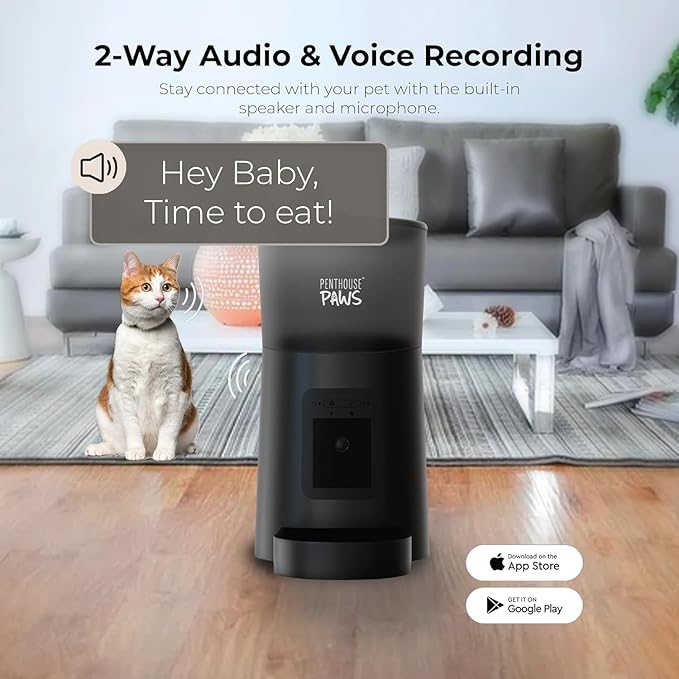 Smart HD Cat Feeder, 2 Way Audio + Voice Recording, Automatic Feeder for Dog with 1080p Night Vision Camera, WiFi App Controlled, Battery Backup, Anti Jam 6L Upto 15 Daily Meals, Black