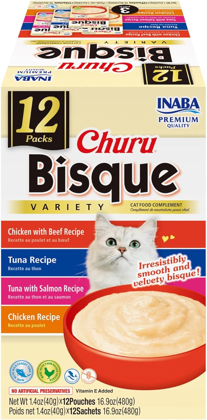 INABA Churu Bisque for Cats, Creamy Lickable Purée Side Dish with Vitamin E, 1.4 Ounces per Pouch, 12 Pouches, Tuna & Chicken Variety