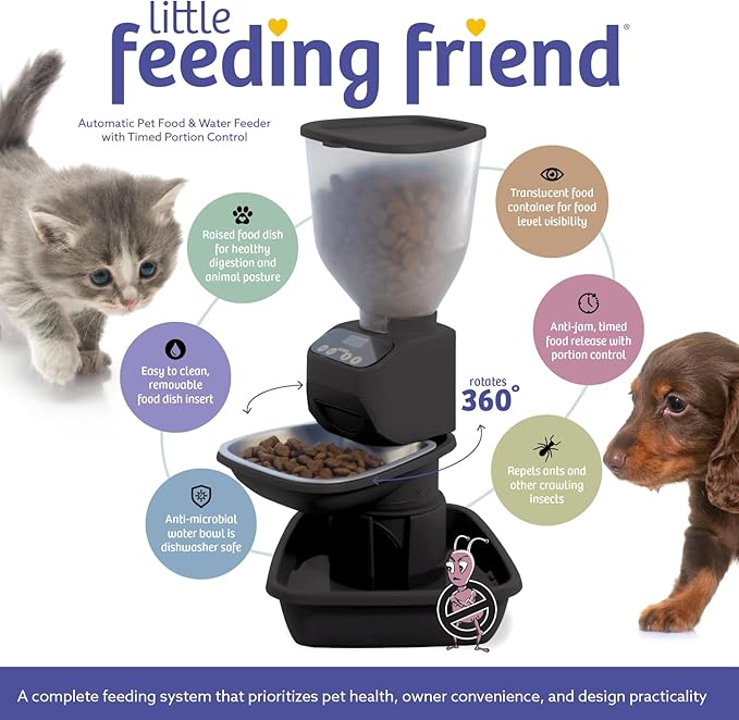 Automatic Dog & Cat Food Feeder with Water Dispenser – Smart Pet Feeder with Portion Control, OLED Display, Anti Jam Design, Battery Operated Dispenser for Small Pets - Black