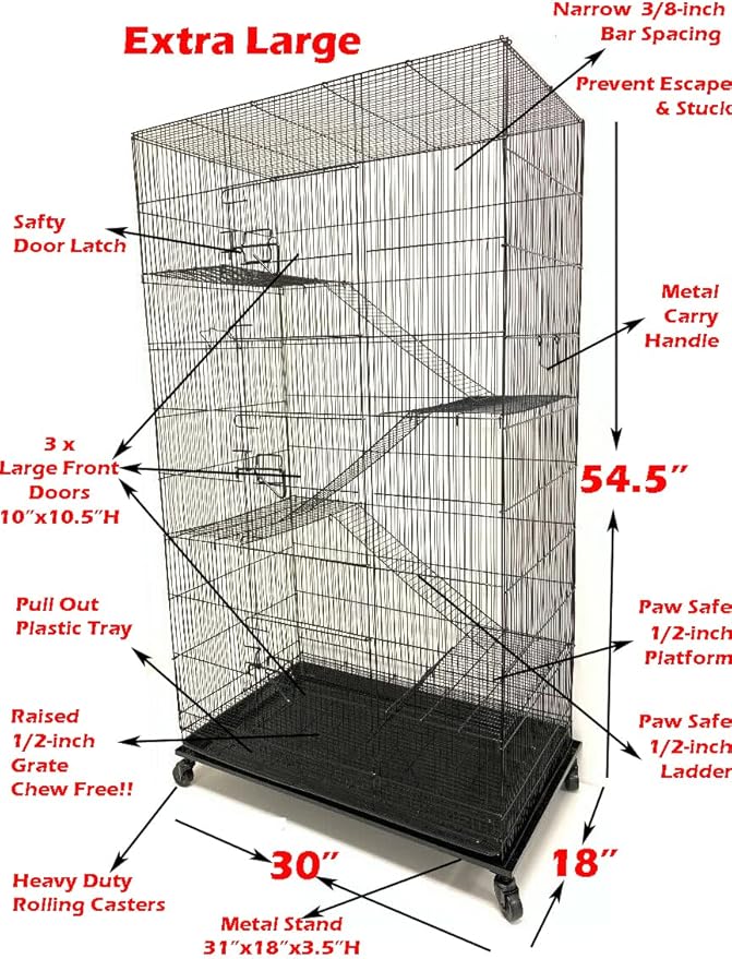 X-Large 5-Levels Tight 3/8-inch Bar Spacing Ferret Chinchilla Sugar-Glider Rats Mice Gerbil Chew Free Cage with Removable Rolling Stand, 31-Inch by 19-Inch by 55-Inch