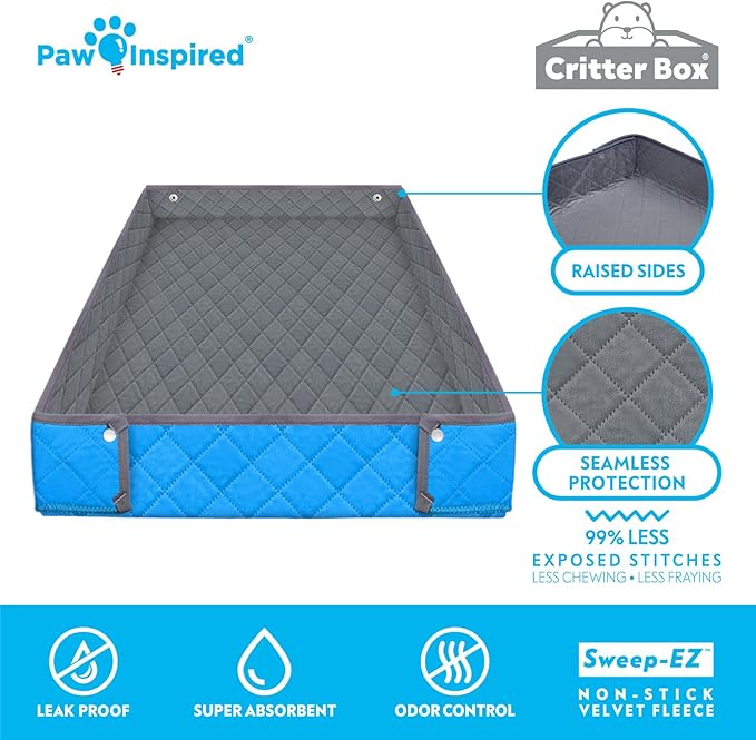 Paw Inspired Critter Box Washable Cage Liner, Reversible Fleece Bedding with Raised Sides for Guinea Pigs and Other Small Animals (2x4 (12" Grids), Gray/Blue)