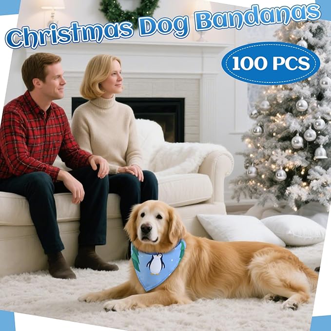 100 Pcs Winter Dog Bandanas Bulk Pet Bibs Blue Triangle Scarf Snowflake Pet Bandanas for Medium Large Dogs Winter Snowflake Christmas Party Holiday Festival Costume Decor