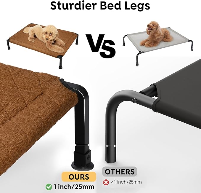 Veehoo Soft Plush Elevated Dog Bed, Raised Dog Beds with Heavy Duty Frame, Non-Slip Silicon Feet, Washable & Breathable Pet Cot for Indoor or Outdoor Use, 47" x 29", Brown, CWC2432A