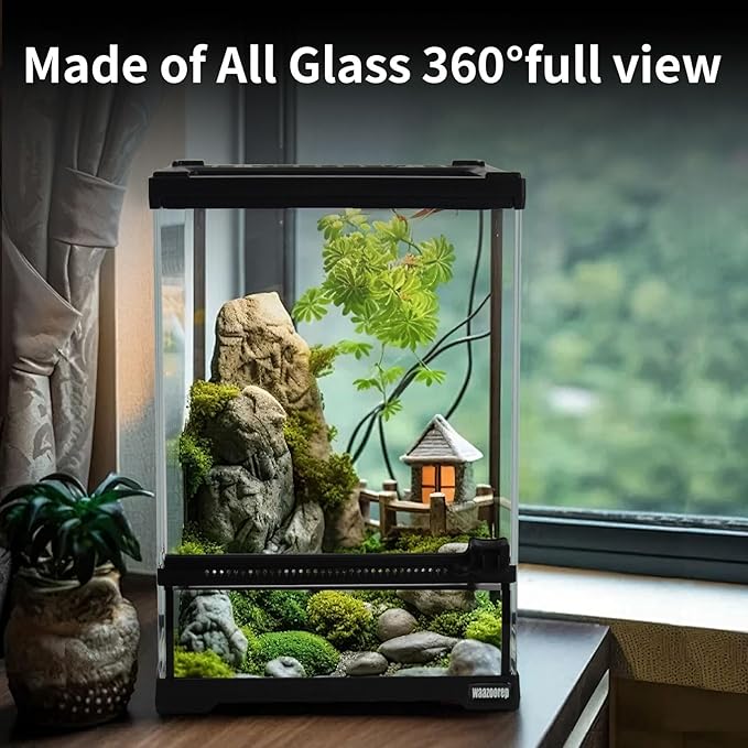 Mini Reptile Glass Terrarium Tank 8"x8"x12“ Full View with Front Opening Door and Enclosure Habitat Cage for Leopard Gecko Tarantula Young Lizard Hermit Crab Frog Insects Breeding Tank