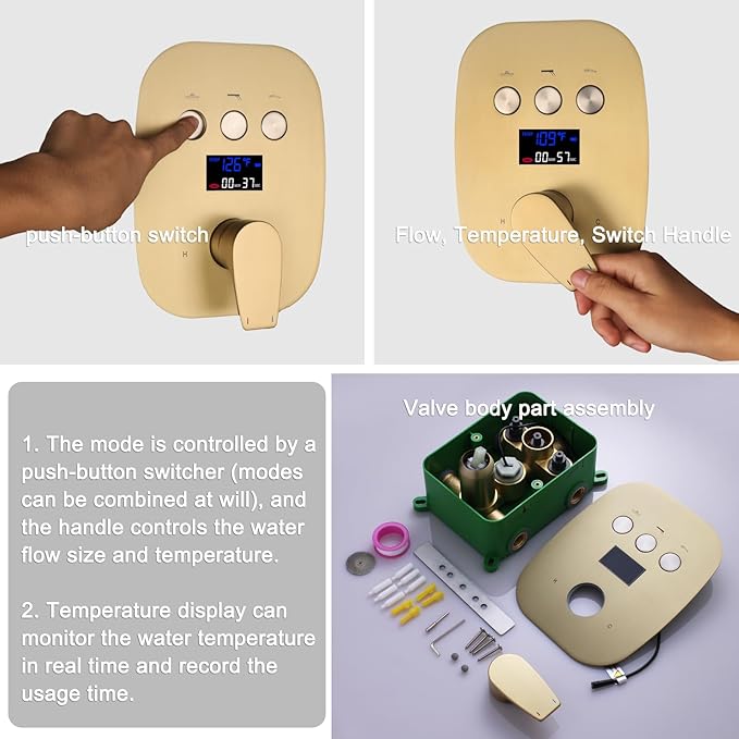 Temperature Display Brushed Gold Shower System Set, Push Button Shower Faucet with 12 inch Ceiling Mount Shower Head and 8 inch Wall Mount Shower Head, with Handheld Shower