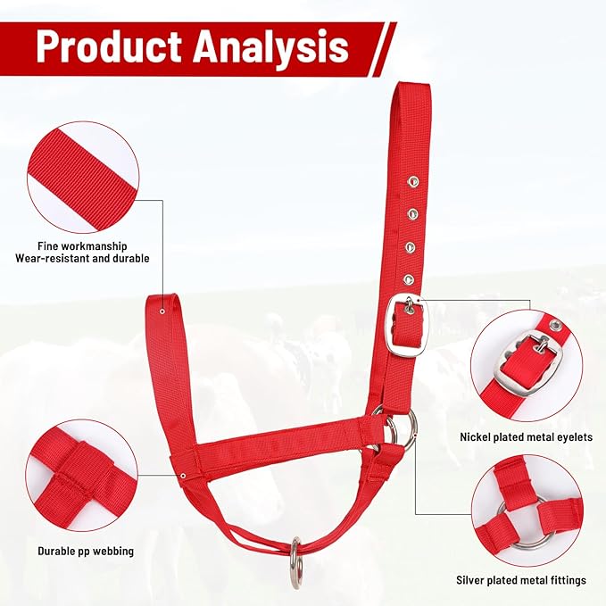 XUANNIAO Easily Adjustable Figure 8 Cow Halter, Double-Ply Premium Livestock Cattle Halters, Colorful Cow Utility Calf Halter with Leading Rope for Miniature Horse Donkey Goat Foal (Large, Red)