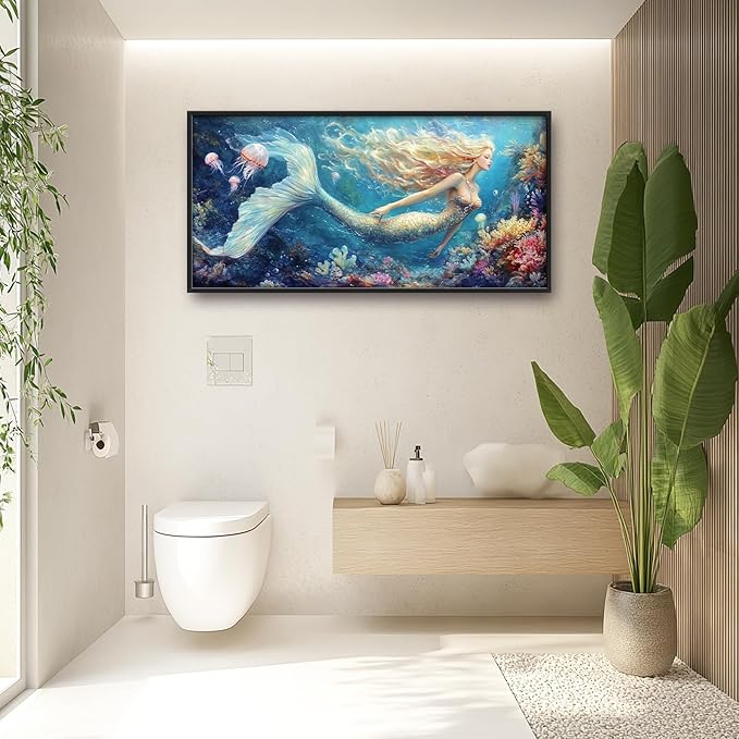 Extra Large Framed Mermaid Wall Art,Oversized Undersea Ocean Wall Decor,Colorful Coral Reefs Pictures for Living Room,Elegant Canvas Print Painting Modern Artwork Bedroom Bathroom 60L x 30W