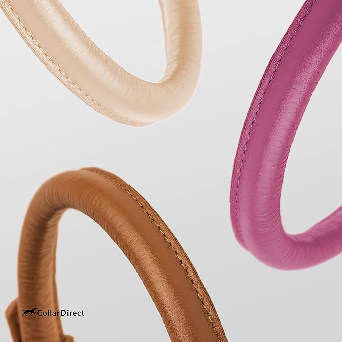 CollarDirect Rolled Leather Dog Collar, Soft Padded Round Puppy Collar, Handmade Genuine Leather Collar Dog Small Large Cat Collars 13 Colors (15-19 Inch, Pink Textured)