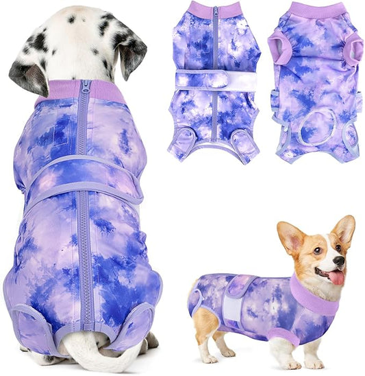 Lukovee Recovery Suit for Dogs, Zipper On Recovery Suit for Female Male Dog, Onesie Abdominal Wounds Cone E-Collar Alternative Prevent Licking Spay Recovery Suit (XX-Large, Purple Tie-dye)