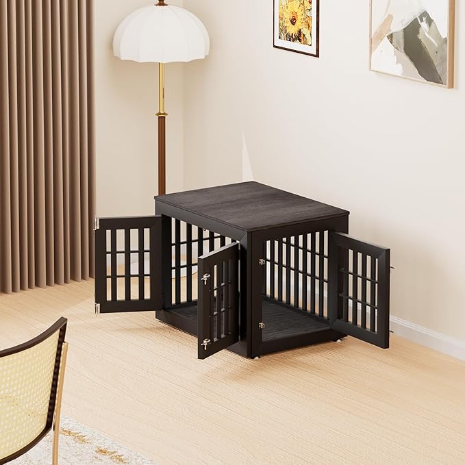 32" Heavy Duty Dog Crate Furniture for Small,Medium and Large Dogs,Rustic Wooden Dog Cage Kennel Indoor Furniture with Waterproof Top,Decorative Pet House Side End Table (Black & Grey)