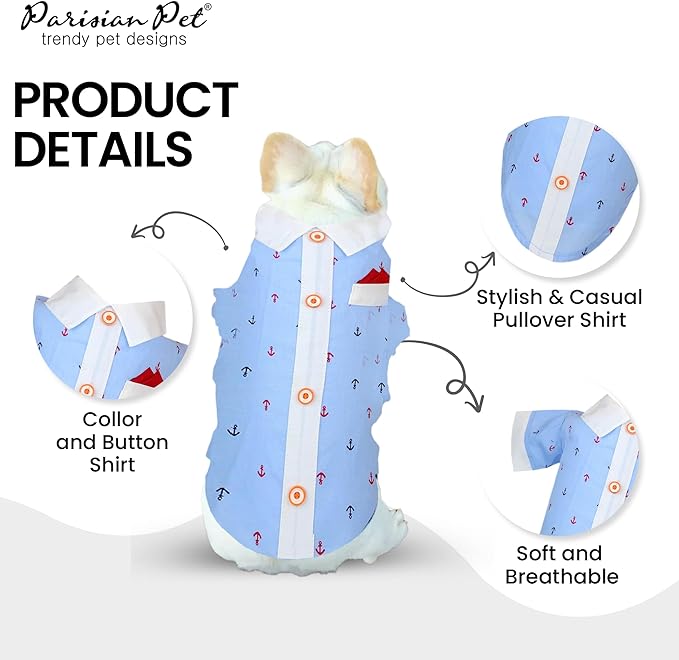 Parisian Pet Dog Shirt - Dog Nautical Costume - 100% Cotton Anchor Dog Clothes - Sleeved Doggie Shirt - Blue and White Dog Costumes for Small Dogs S