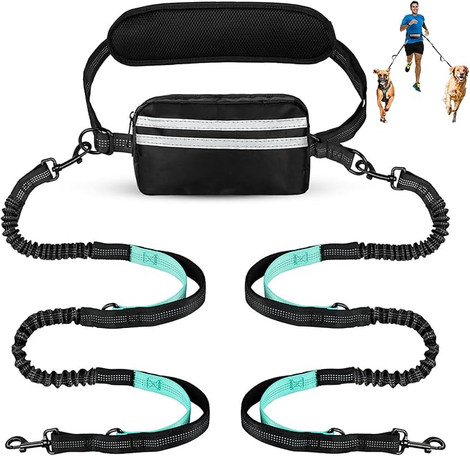 Hands Free Dog Leash with Pouch, Double Leash for Two Dogs, Retractable Bungee with Double Padded Handles, Waist Leash for Dog Walking, Running Leash for Dogs, Dog Walking Accessories