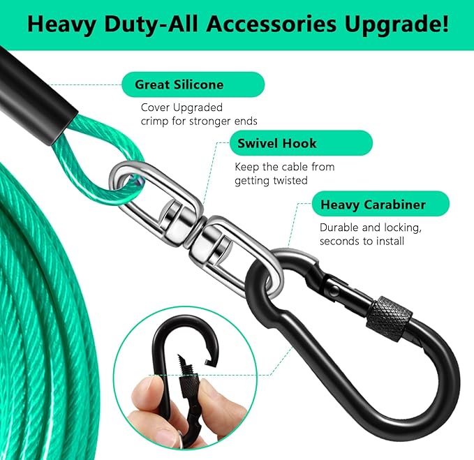 Dog Tie Out Cable 15FT-500Lbs,Heavy Duty Dog Leads&Tether for Yard with Swivel Hook,Small Large Dogs Leash Line for Outside,Rust Chew Proof Dogs Run Cable for Outdoor Camping (Green Cyan, 15FT)