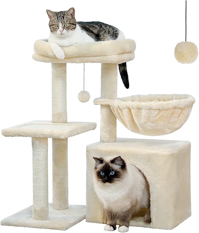 PEQULTI Small Cat Tree, [28.5''] Cat Tower for Indoor Cats, 2 Styles Activity Tree with Cat Scratching Posts, Big Hammock and Removable Top Perch Beige