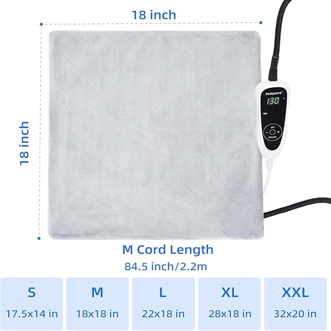 pettycare Pet Heating Pad for Dog Cat, Electric Heating with Steel-Wrapped Cord, 25-Level Timer & 11-Level Temperature Indoor Warming Pads Easy Clean for Puppy Cat Dog M 18x18inch