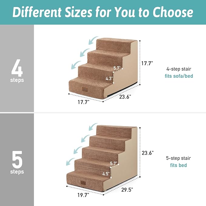 Dog Stairs for Small Dogs, 4 Tier Wider Pet Stairs for Couch and Beds, 17.7" H Non-Slip Dog Steps for Old Cats, Puppy, Small Medium Dogs, 17.7x23.6x17.7 inch, Light Brown