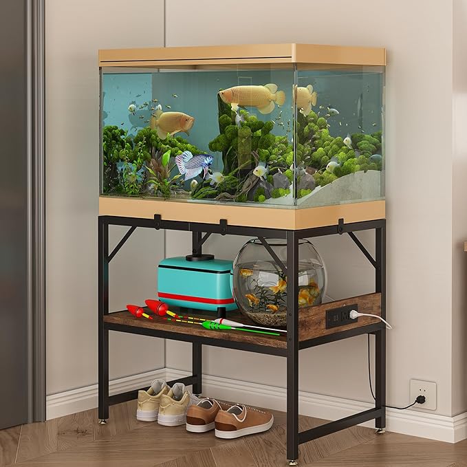 Modern 15 Long Gallon Fish Tank Stand for Home Office, 2-Tier Aquarium Stand with Shelf for Storage, Fish Tank Table 24" x 12" x 21", Ideal for Breeder Tanks, and Reptile Terrariums, Rustic Brown