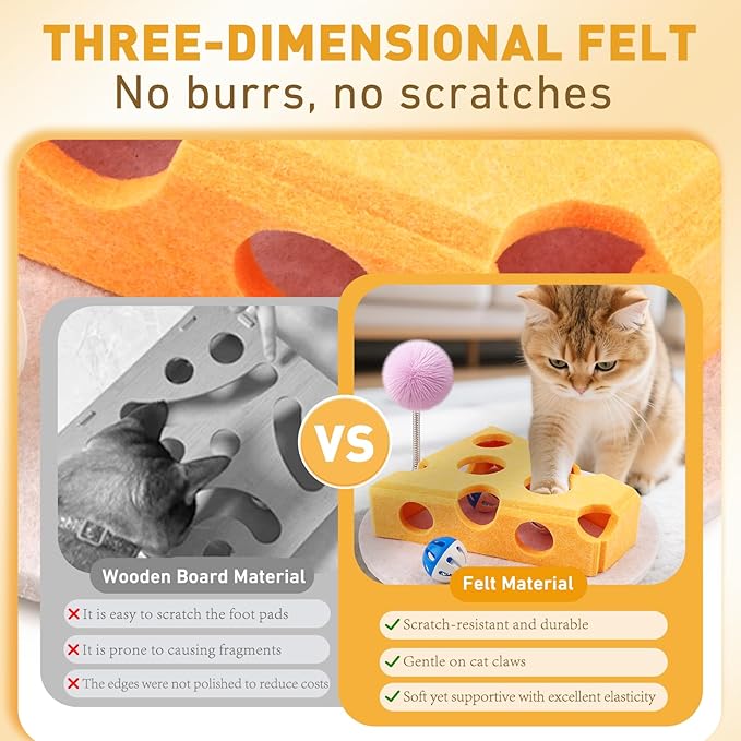 Interactive Cat Puzzle Toy for Indoor Cats & Kittens - Fun Track Balls & Spring Teaser in Stimulating Felt Puzzle Box (Yellow) - Mental Enrichment Game