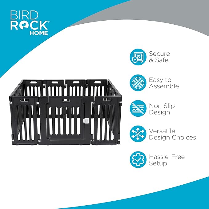 BIRDROCK HOME Dog Playpen w/Door, 12 Panel, 25.6in H | Strong Plastic, Non-Slip Puppy Playpen, Secure Pet Gate | Indoor Outdoor Fence | Configurable Panels | Small to Medium Pets - Black