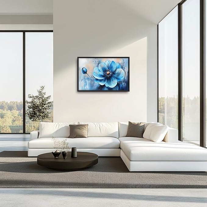 Extra Large Abstract Blue Flower Framed Wall Art for Living Room,Oversized Elegant Floral Pictures Wall Decor,Canvas Print Painting Modern Artwork Bedroom Office Bathroom 36L" x 24W"