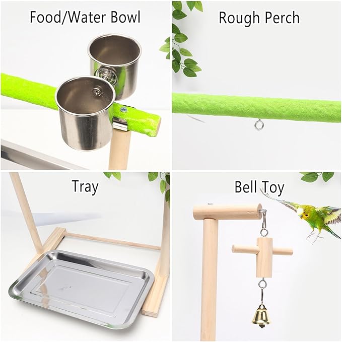 Bird Palyground, Parrot Playstand Natural Wood, Bird Perch Stand Gym with Feeder Cups and Removable Tray, Bird Cage Accessories for Parakeets Cockatiels Lovebirds