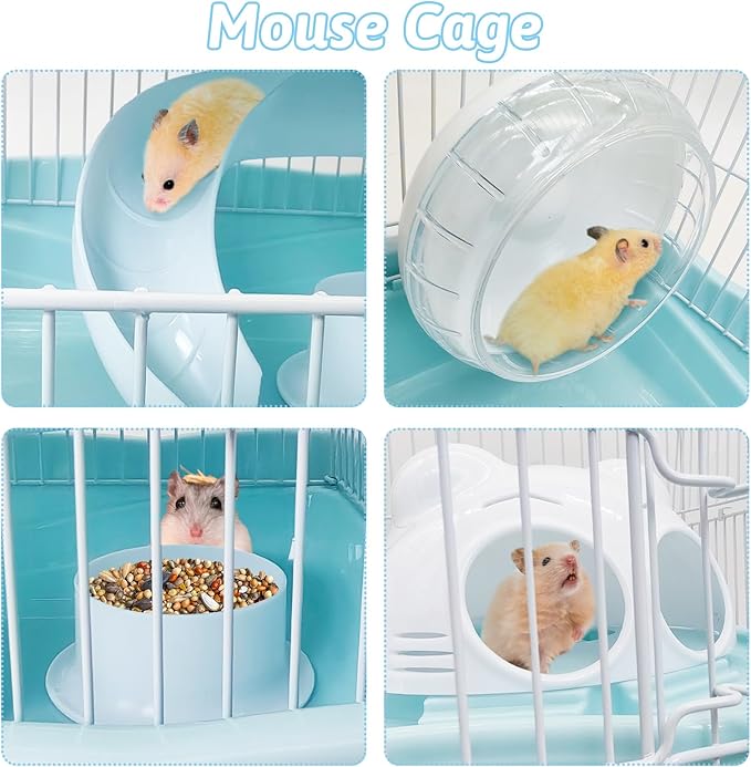 PINVNBY Dwarf Hamster Cage, Small Animal Cages, 2-Tier Travel Portable Mouse Cage Hamster Carrier with Castle House Running Exercise Wheels, Water Bottle and Food Dis（Blue）