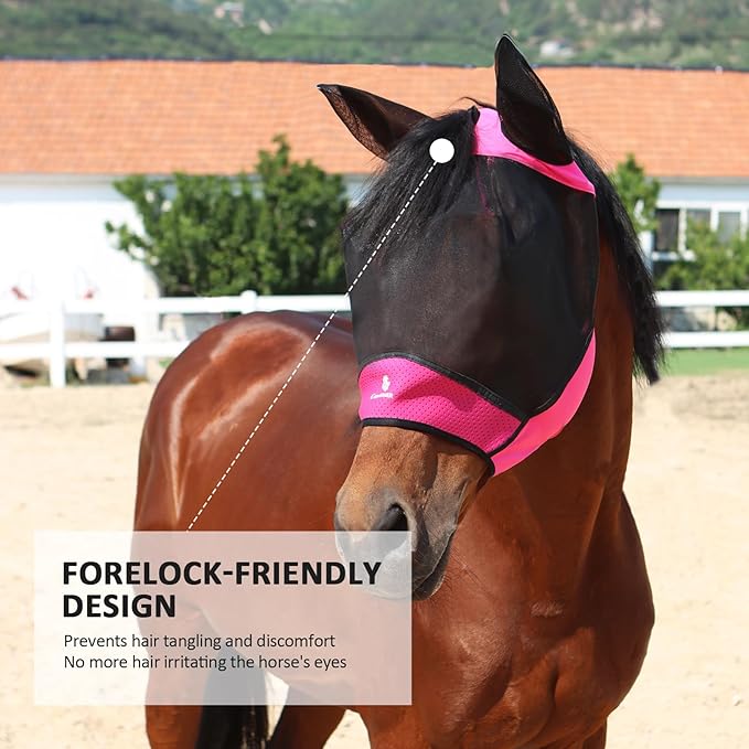 Horse Fly Mask Large Space Breathable UV Protection Equine Mask with Reflective Features on Ears Hot Pink M