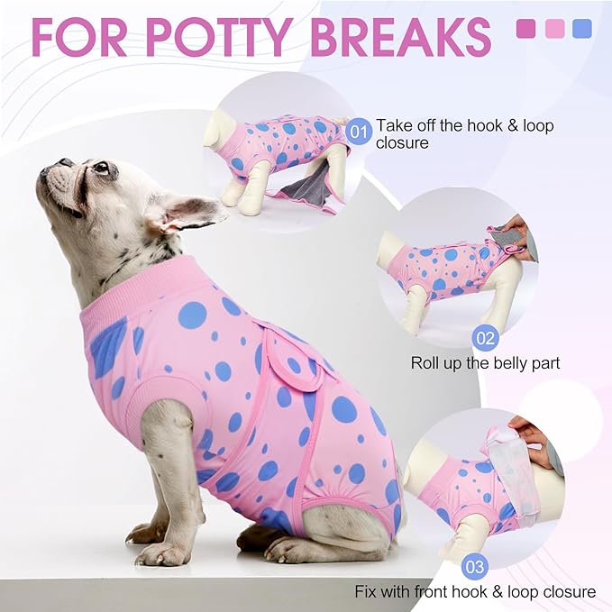 Kuoser Dog Surgery Recovery Suit, Anti Licking Pet Surgical Suit for Dogs Male Neuter, Female Dog Surgery Suit for Spay Subsititute E-Collar Cone, Dogs Body Suits After Surgery Pink Polka Dot XS