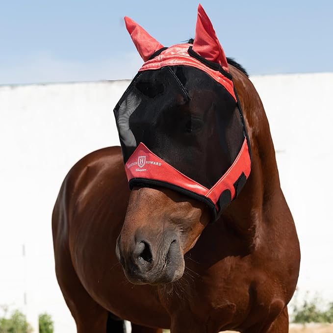 Harrison Howard Pro Luminous Horse Half Face Fly Mask Large Eye Space with Ears UV Protection for Horse Coral Orange M