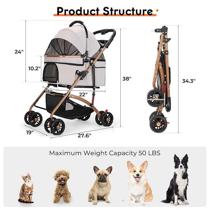 3-in-1 Foldable Pet Stroller for Medium Dogs & Cats (50lbs) - Detachable Carrier, Car Seat, Storage Basket, 5" Lockable Wheels