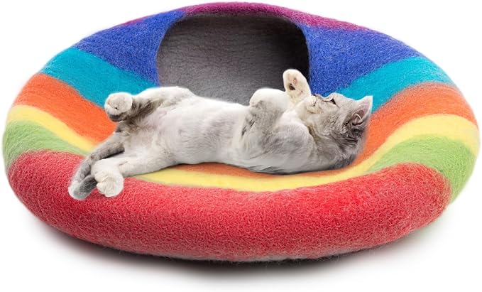Woolygon Premium Felt Cat Cave Bed – Wool Kitty Beds Handcrafted Kitten Caves Bed for Indoor Cats - Made from 100% Eco-Friendly Merino Wool, Foldable Cat Hidewawy Covered Cat House Pod (Rainbow Twist)