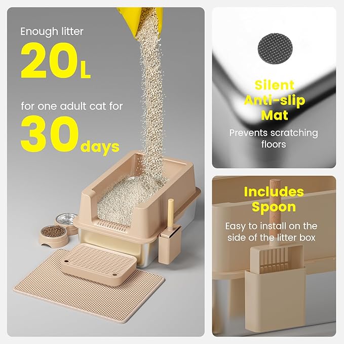 Stainless Steel Cat Litter Box - Enclosed XL Metal Kitty Litter Box with Lid for Big Cats, High Sided, Anti-Leakage, Easy Cleaning, Non-Sticky, Included Spoon & Aisle (Khaki)