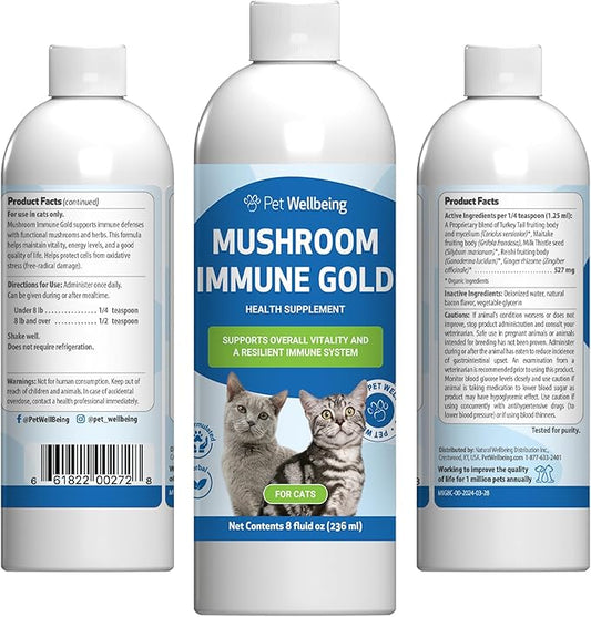 Pet Wellbeing Mushroom Immune Gold for Cats - Holistic Immune Support with Reishi, Maitake, Turkey Tail, and Milk Thistle - Veterinarian-Formulated Functional Mushroom Supplement 8 oz (237 ml)