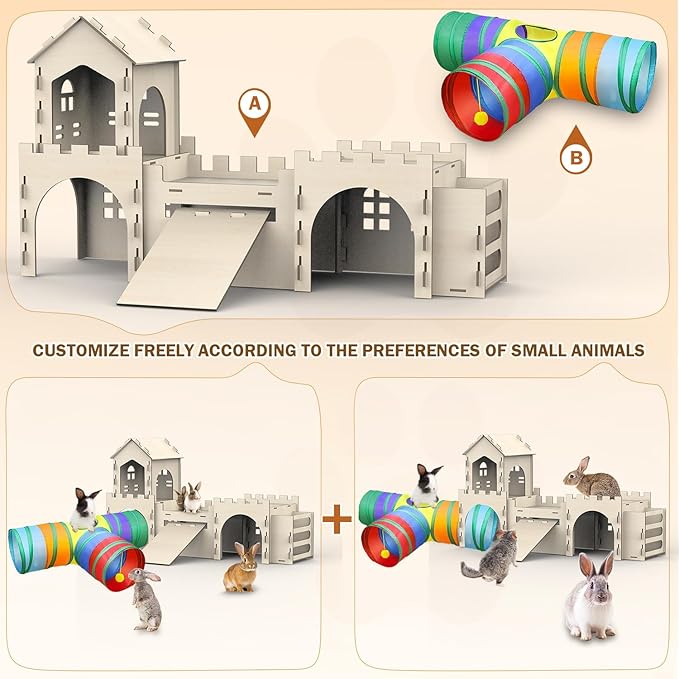 Large Bunny House and Hideouts, Wooden Dual-Layer Rabbit Castle with Stair, Rubber Band-Free Setup - chew-Proof, Sturdy Habitat for Guinea Pig Chinchilla Ferret (Rabbit House with Hay Feeder)