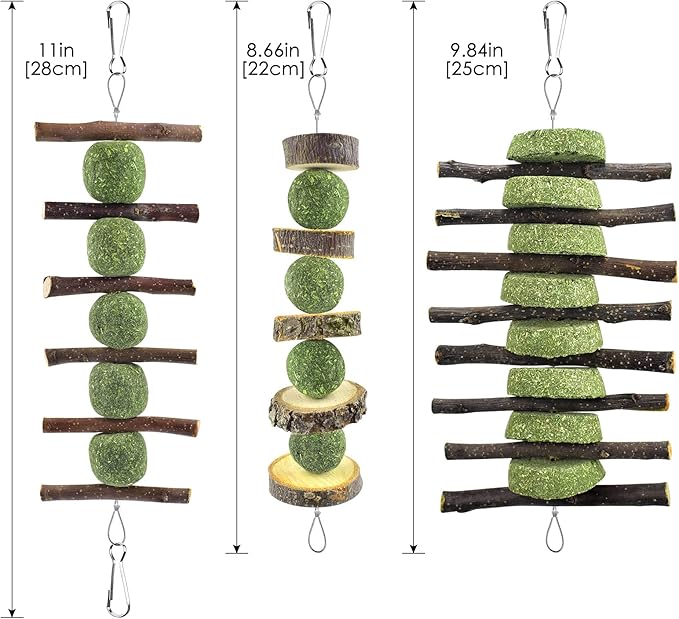 ERKOON Bunny Chew Toys, Rabbit Chew Toys for Teeth Grinding, Improve Dental Health, 100% Natural Apple Wood Timothy Grass Cake Treats for Rabbits Guinea Pigs Chinchillas Bunnies Hamsters (3 Pcs)