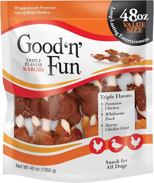 Good ‘n’ Fun Triple Flavor Kabobs Chews for All Dogs, 48 Ounces, Treat Your Dog to Chews Made from Beef Hide, Real Chicken, Pork Hide, Duck and Chicken Liver